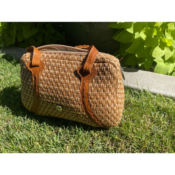 NWT Helen Kaminski Brown Leather Straps Brown Woven Handbag Zipper Top - Picture 4 of 5